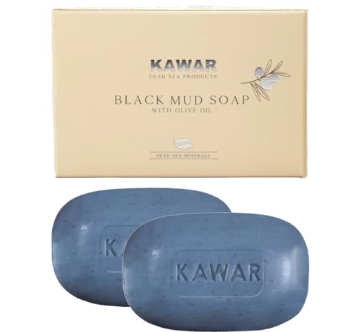 KAWAR Dead Sea Black Mud Soap with Shea Butter & Olive Oil - Relief for Acne, Psoriasis & Eczema - Moisturizing Vegan Bar for Men & Women - For Oily to Normal Skin, 4.2 oz (Pack of 2)