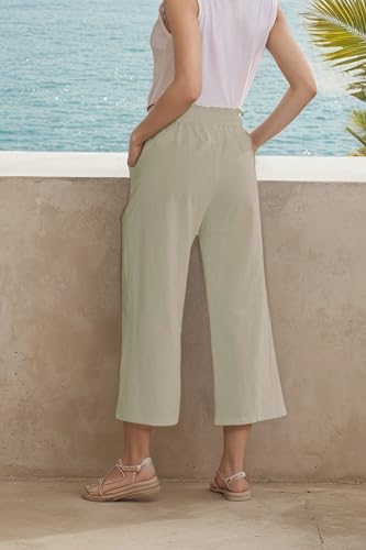 Image of LNX Womens Linen Capri Pants Wide Leg High Waisted Drawstring Casual Cropped Pants with Pockets