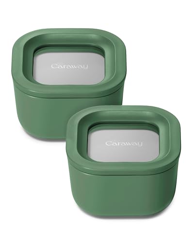 Caraway 2pc Glass Food Storage Set - 1.75 Cup Food Containers (2) - Non-Toxic Ceramic-Coated Glass - Air Release Technology - Compact & Stackable Design - Sage