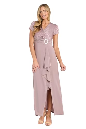 R&M Richards Women's Elegant Glitter Wrap Dress W/Ruffle Slit Skirt & Waist Buckle - Evening, Cocktail Party Style Mauve
