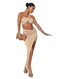 MakeMeChic Women's 2 Piece Outfits One Shoulder Twist Crop Top and Split Thigh Skirt Set Apricot L