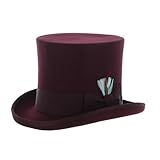 Ferrecci 100% Wool Top Hat Satin Lined with Grosgrain Ribbon and Removable Feather Burgundy Tall Tophat - Unisex, Men, Women