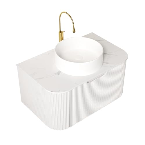 Image of KEIKI 30 inch Vanity with Sink, Floating Bathroom Cabinet with Soft-Close Drawer, 3D Striped Plywood Storage, Vessel Sink-Ready Modern Wall Vanity, White