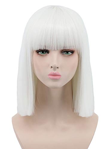 yuehong Shoulder Length Lob White Halloween Party Bob Wigs For Women Costume Wig (White)