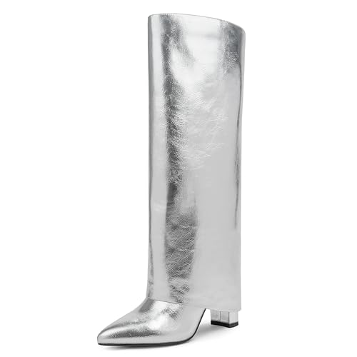 Knee High Boots Women Fold Over Boots Chunky Heel Pointed Toe Tall Boots | Fashion Slouchy Boots,Side Zipper Shark Boots,Fall Spring Winter Fashion Dress Tall Boots,Evening Bridal office Lon