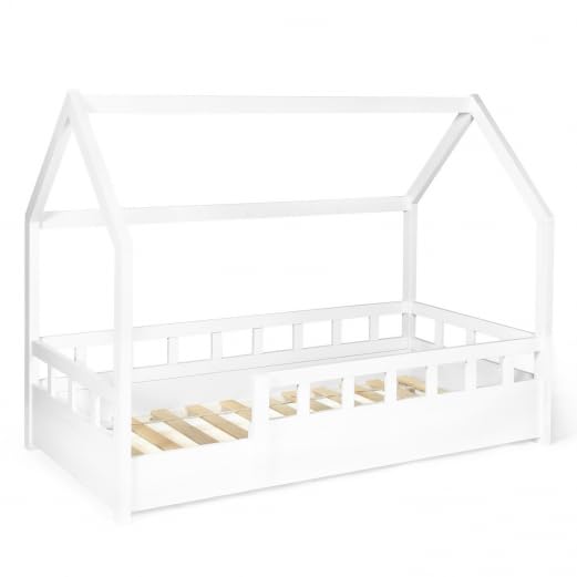 IDMarket - Cama cabaña infantil NEREE blanca con somier y barreras