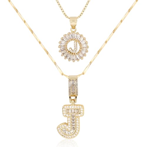 MEIITRUE Letter Necklace 14k Gold Plated Bling Dainty Necklaces Trendy Chunky Custom Name Necklace Personalized Round Circle Pendant Zirconia Letters Name Crystal Jewelry Gifts for Women J