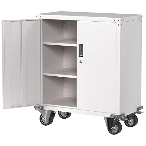 Aobabo 35.4'' Tall Metal Storage Cabinet with Wheels,Lockable Rolling Storage Cabinet for Office,Home,School,Steel Tool Chest Cabinet with 2 Shelves,White Cover