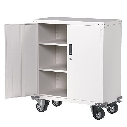 Aobabo 35.4'' Tall Metal Storage Cabinet With Wheels,Lockable Rolling Storage Cabinet For Office,Home,School，Steel Tool Chest Cabinet With 2 Shelves,White… #TOP18