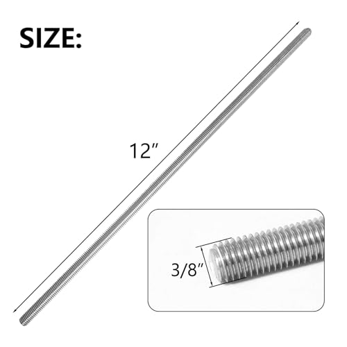 Qlvily 4 Packs 304 Stainless Steel 3/8\"-16 Thread Fully Threaded Rods, 12\" Length, Right Hand Threads