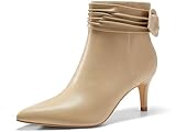 Coutgo Womens Kitten Heel Ankle Boots Bow Closed Pointed Toe Booties Pleated Side Zipper Winter Boot Shoes, Khaki, size 8.5