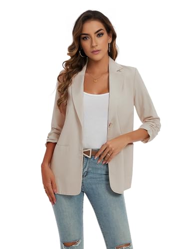 LADI TREND Blazer da donna a 3/4 con maniche increspate in cotone e lino, leggero, estivo, giacche eleganti con tasche con bottoni, Wh_beige, S