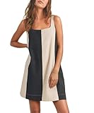 CHARTOU Women Summer Sleeveless Linen Dress Color Block Short Beach Vacation Tank Dress (Large, Linen)