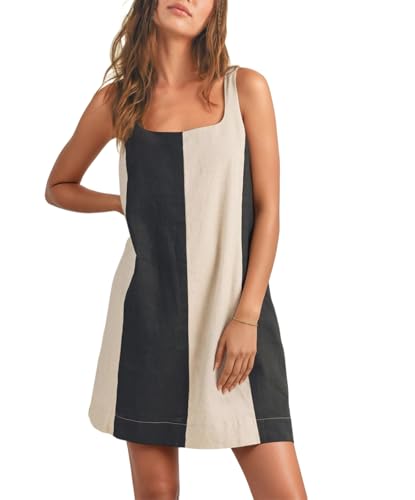 Image of CHARTOU Women Summer Sleeveless Linen Dress Color Block Short Beach Vacation Tank Dress
