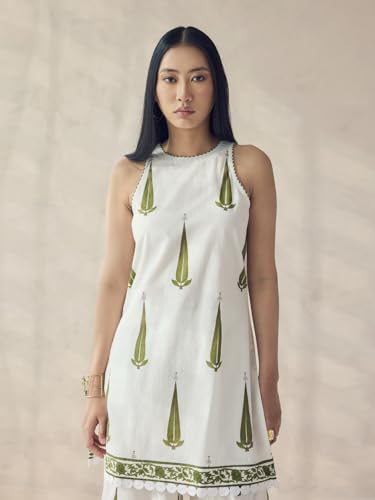 Image of FIORRA Women's Off-White Printed Cotton Sleeveless Kurta Set