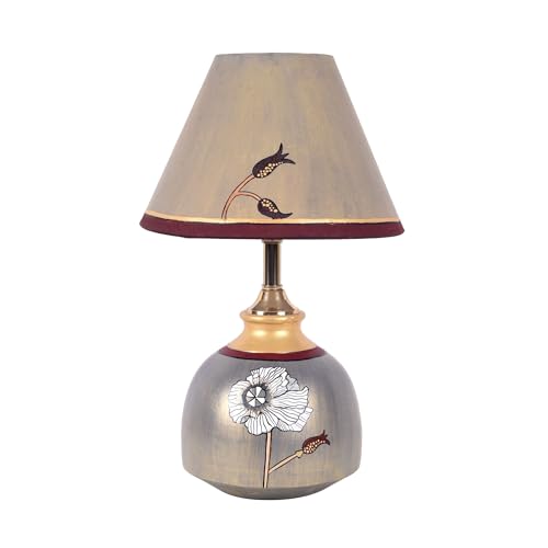 Image of AAKRITI ART CREATIONS Terracotta Table Lamp for Study Room, Bedroom & Living Room Decoration | Floral Flying Bird Silhouette Bedside Lamp with Cotton Fabric Shade | Aesthetic Night Lamp