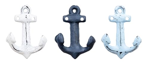 3er Set Anker Wandhaken Blau Weiß Metall Garderobenhaken Maritime Deko Metallhaken Shabby Chic Vintage Look
