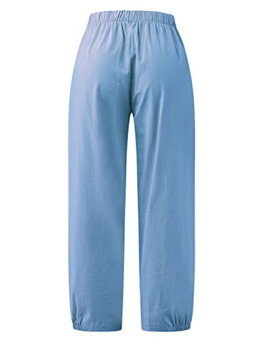 Image of Bozanly Womens Summer Capri Pants Elastic Waist Cotton Linen Yoga Cropped Pants Trousers(0520-DenimBlue1-XXL), XX-Large