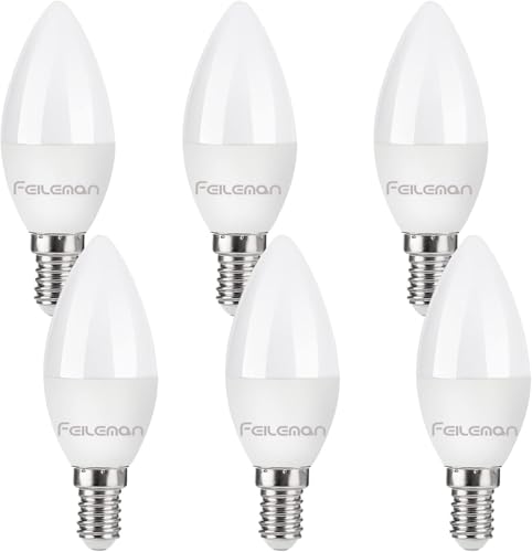 FEILEMAN E14 LED Bulbs Small Edison Screw C37 E14 LED, 5W 400LM 6500K Daylight White(50W Equivalent Halogen), C37 E14 Bulb Candle Light Bulbs Non-Dimmable 220-240V (Pack of 6)
