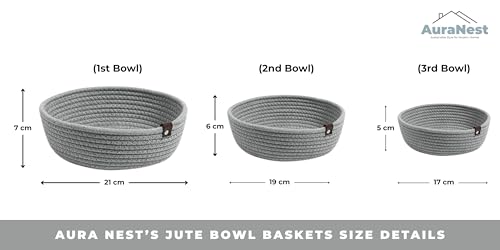 Image of AuraNest Handwoven Jute Rope Storage Basket Set of 3 (Small, Medium & Large) | Natural Shelf Organizer Bins for Kitchen, Home Pantry, Bathroom & Wardrobe | Eco-Friendly Multipurpose Storage (Grey)