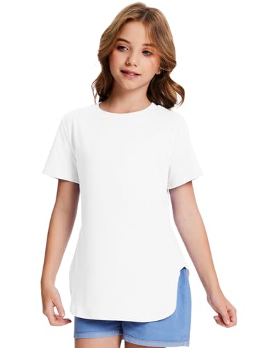Girls Short Sleeve T Shirts Kids Summer Crewneck Curved Hem Tunic Tops Basic Tee3