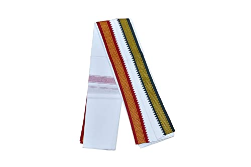Kolakeer™ Men's Cotton Color Dhoti Angavastram Set - 1.8 Mtrs Dhoti with 1.2 Mtrs Angavastram - Thalapathy Style Dhoti Mundu Set (White)4