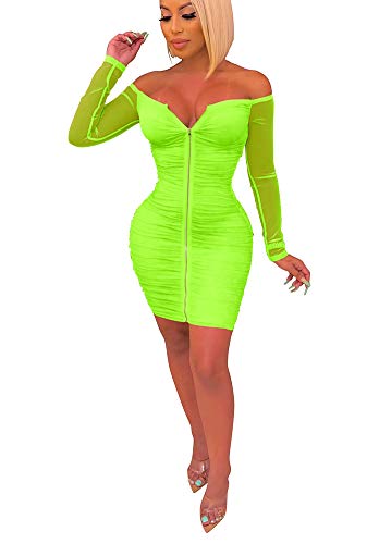 Women Lace Dress Mesh Sheer Slit Off Shoulder Deep V Neck Long Sleeve Bodycon Club Party Midi Dress Plus Size Green