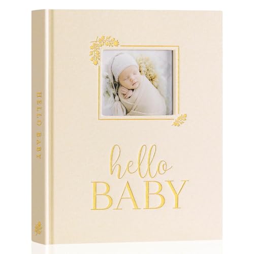 Lanpn Album Bebe Primer 5 Año para Niño Niña, Diario Álbum Libro Recuerdos Bébé con Ventana para fotos, Baby book journal para Bebé Recien Nacido, Libro Cuaderno Álbum Bebe Regalo, Beige, Inglés