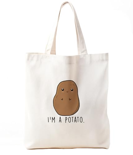 Zeghk Funny Potato Canvas Tote Bag for women, Potato Tote Bag, I'm a Potato Potato Lover Gifts Reusable Grocery Shopping Bag, White, 245GA-TTBA-potato