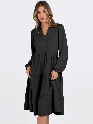 Anrabess Womens V Neck Long Sleeve Midi Dress 2024 Fall Fashion Casual Loose Fit Flowy Swing Tiered Beach Vacation Dresses Black Small thumb #2