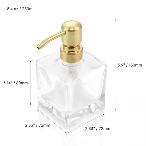 Image of Square Bathroom Soap Dispenser Brushed Gold, Glass Bottles with Stainless Steel Pump 8.4 OZ Cube Liquid Soap Dispenser Hand Kitchen