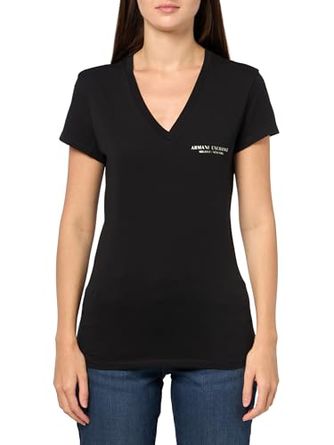 Armani Exchange Women's V neck Slim Fit Milano Ny Logo Tee, Black/Gold, Large