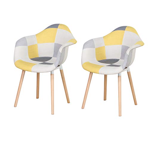 GrandCA HOME Chaise de Salle à Manger Lot de 2 Chaises de Cuisine Rembourrées en Tissu Patchwork, Pieds en Bois de Hêtre Massif, Jaune