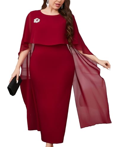 ZOMVA Plus Size Elegant Chiffon Cape Dress Crew Neck Wedding