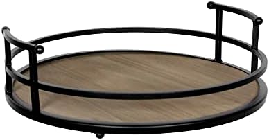 Stratton Home Decor Metal and Wood Tray - Farmhouse Round Tabletop Tray for Table Decoration - Rustic Ornament for Coffee Tables, Credenza, Countertop - Black Handles, Matt Surface - Housewarming Gift