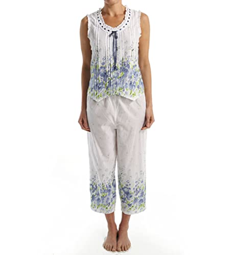 La Cera Women's Roses Pajamas - Floral Print Sleeveless Shirt Capri Pants Pj Set, White - Small #TOP2
