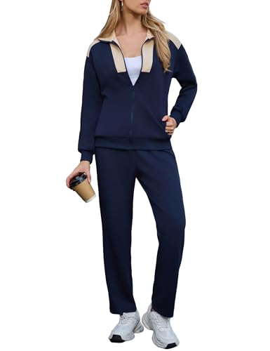 Litherday Tuta Donna Blu Scuro Albicocca 2 Pezzi Autunno Inverno – Completo Sportivo con Felpa Leggera e Pantaloni Comodi, Look Casual Chic per Casa Fitness Passeggiate M