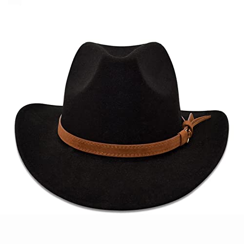 Western Cowboy Cowgirl Hat Felt Wide Brim Outdoor Classic Womens Mens Fedora Hats With Belt Buckle B-Black #TOP1