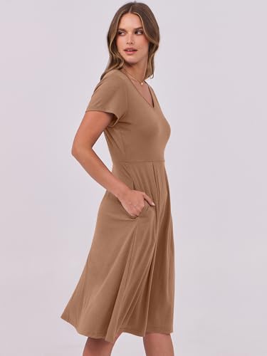 Image of ANRABESS Women Summer Dress Casual Short Sleeve V Neck A-Line Knee Length Pleated Flowy 2026 Fashion Midi Dresses with Pocket