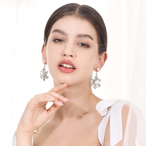 Frwiskp Wedding Earrings for Brides Silver Earrings for Women 18K White Gold Plated Sterling Silver Post Cubic Zirconia Dangle Earrings Clear Crystal Hypoallergenic Chandelier, 2.2 inches, White Gold - Image 8