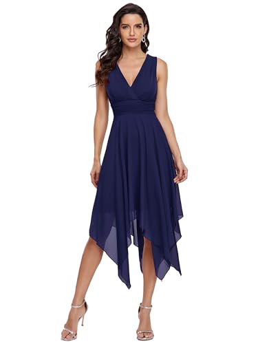 Ever-Pretty Vestito da Festa d'Onore Scollo a V Midi in Chiffon con Orlo Asimmetrico a Vita Impero con Doppio da Donna Blu Navy 50