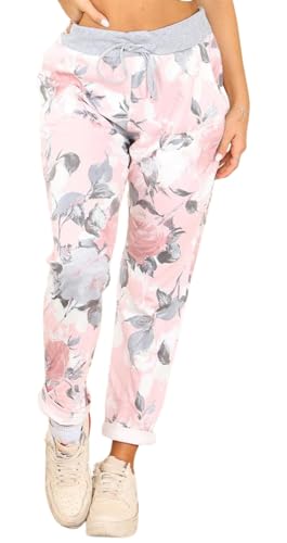 Image of WearAll Women’s Rose Flower Print Jogger Sweatpants Ribbed Waistband Trousers Ladies Causal Summer Joggers Drawstring Italian Gym Running Pants Baby 8-10 Pink