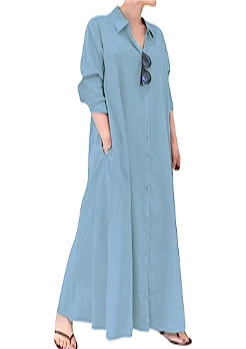 OMZIN Button down Baumwolle Leinen Shirt Kleid Für Frauen Roll up Ärmel Maxi Einfarbige Oversize Bluse Kleid Hellblau XL