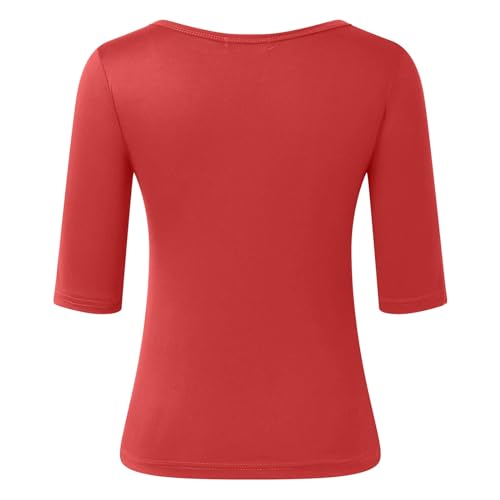Camiseta de media manga para mujer, color liso, corte entallado básico, con aspecto de capas, tallas grandes, rojo, S