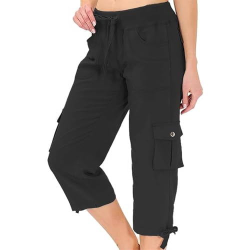 EQWIGKEIT Pantalones de verano para mujer, informales, cómodos, tres cuartos, pantalones 3/4, con bolsillos, pantalones cortos hasta la rodilla, pantalones cortos ligeros y transpirables, pantalones