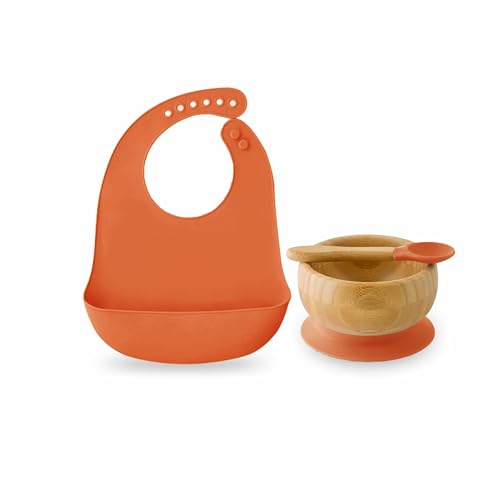 Image of Kids Station Wooden Baby Feeding Set - Bowl, Spoon & Bib - Orange | Eco-Friendly Self-Feeding Baby Tableware Set (3 pcs, Orange)
