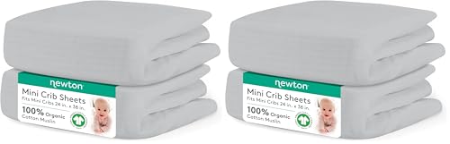 Image of Newton Baby Fitted Mini Crib Sheets (4-Pack) | Organic Muslin Cotton, Breathable & Soft Baby Sheets, Washable Baby Mattress Sheets, Fits Mini Crib Mattresses 24 inch x 38 inch, Twilight Grey