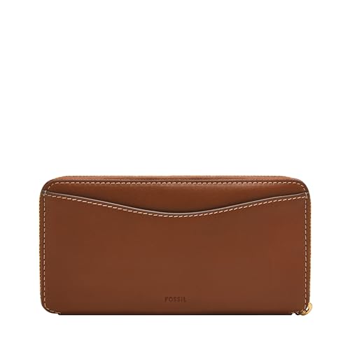 Image of Fossil Women's Wallet, Lennox Leather Zip Around Clutch Wallet for Women, Medium Brown