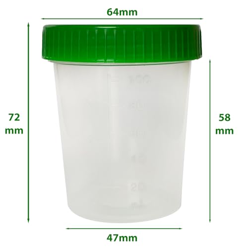 TIGA-MED Probenbecher 125 ml | Auslaufsicher, graduiert bis 100 ml/4oz, beschriftbar, mit Deckel | Ideal für Labor, Medizin, Schule & Haushalt (10)