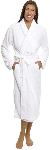 Silver Lilly Womens Robe - Plush Fleece Bathrobe Mid Length Robe Shawl Collar (White, Small-Medium)